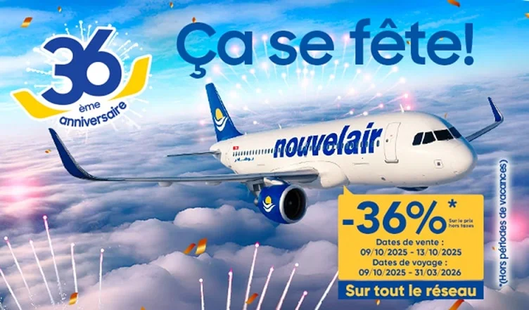 Nouvelair lance sa promo « Spéciale 36 ans », faisant ainsi bénéficier ses passagers de 36% de réduction sur l'ensemble de son réseau