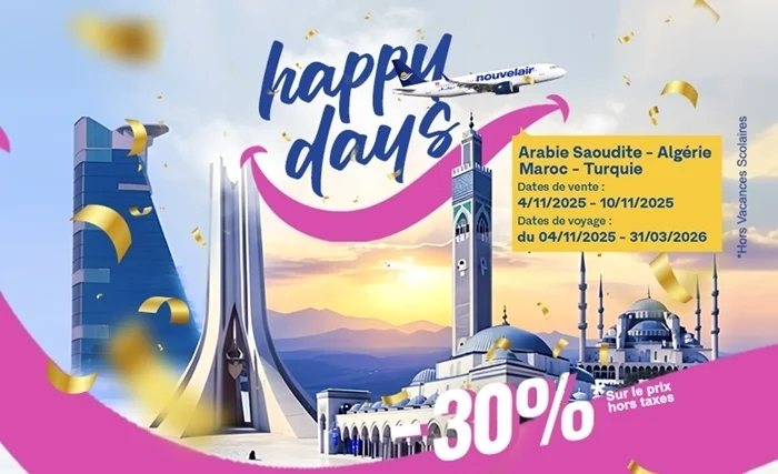 nouvelair lance sa promo happy days profitez de -30% de réduction vers l’Arabie saoudite, l’Algérie, le Maroc et la Turquie